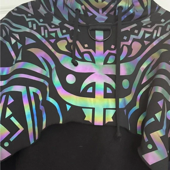 Dolls Kill Club EXX Black Cropped Hoodie with Iridescent Tribal Design - Picture 2 of 3